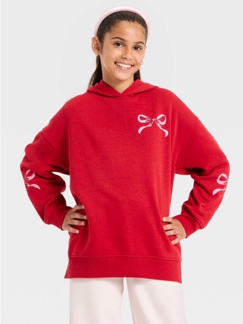 art class Red Girls' Hooded Sweatshirt with White Bow Accents